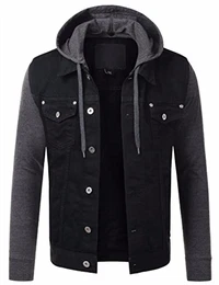 Herren Jeansjacke Schwarz Abnehmbare Kapuze Langarm Knopfleiste Mantel Jacke Freizeitkleidung Jeansjacke Windbreaker Stilvolles Design, Schwarz 1, L
