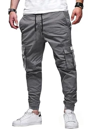 Graue Jogginghose Herren Cargohose Einfarbig Hose Männer Causal Sporthose Elastische Freizeithose mit 6 Tasche M