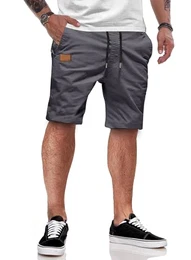 Kurze Hosen Herren Shorts Herren Sommer Chino Baumwolle Elastische Taille mit Taschen Grau M
