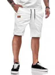 Shorts Herren Sommer Freizeit Chino Stretch Baumwolle Elastische Taille mit Taschen Weiß XL