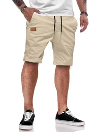 Shorts Herren Sommer Freizeit Chino Stretch Baumwolle Elastische Taille mit Taschen Beige M