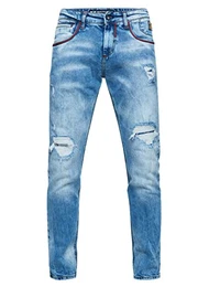 Destroyed Herren Jeans Hose 'MINO' Slim Fit Stretched Jeans mit Detailreicher Ziernaht Streetwear Freizeit Hose Kontrast-Naht Destroyed-Pants 242, Farbe:Light Blue Used, Größe Jeans L32:30W / 32L