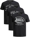 JACK & JONES Herren T Shirt 3er Pack Print Mix Rundhals Tee Regular Slim Fit O Neck Ausschnitt Schwarz