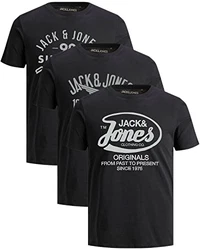 JACK & JONES Herren T Shirt 3er Pack Print Mix Rundhals Tee Regular Slim Fit O Neck Ausschnitt Schwarz