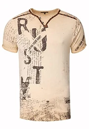 V-Neck Herren T-Shirt Vinatage Used-Look mit Plakativem Front und Back Print Kurzarm-Shirt Wildleder-Details mit Nieten-Verlauf 289, Farbe:Beige, Größe S-3XL:XL