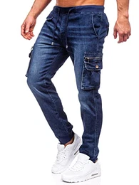 Herren Jeans Jogger Cargohose Denim Style Sweathose Jogg Used Look Jeanspants Destroyed Freizeit Casual Style Slim Fit Narrow Leg MP0108BS Dunkelblau M [6F6]