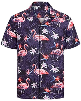 J.VER Herren Hawaiihemd Kurzarm Sommerhemd Casual Flamingo Floral Strandhemd Bügelfrei Button Down Faltenfrei Urlaub Shirt Schwarz/Lila