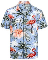 J.VER Herren Hawaiihemd Kurzarm Sommerhemd Casual Flamingo Floral Strandhemd Bügelfrei Button Down Faltenfrei Urlaub Shirt Blau