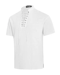 Piratenhemd Herren Hemden Herren Kurzarm Stehkragen Sommer Strand Regular Fit Freizeithemd Weiß M