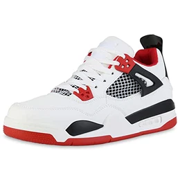 Herren Sneaker Low Bequeme Freizeit Schuhe Flache Basic Schnürer 211556 Weiss Rot 43
