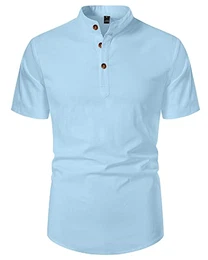 Leinenhemd Herren Kurzarm Henley Herren Freizeithemd Freizeithemd Zu Hause Blau M