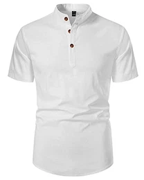 Kurzarmhemd Herren Stehkragenhemd Leinen Sommerhemd Freizeit Shirts für Männer Weiß M