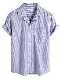 Herren Gestreifte Sommerhemd Casual Button Down Kurzarm Strand HawaiiHemd Mittel Königsblau Aloha