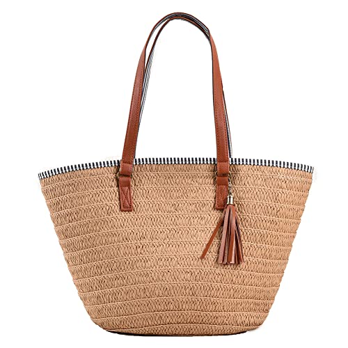 Damen Korbhandtasche Aus Stroh – Geflochtene Strandtasche Im Boho-Stil, Beige, Mit Abnehmbarem Trageriemen