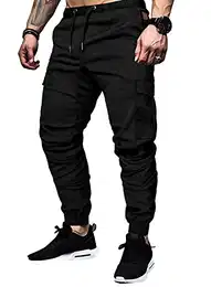 Schwarze Cargohose Herren Chino Hose mit 6 Taschen Cargo Hose Stretch Jogginghose für Männer mit Bundgummi Elastische Hosen M