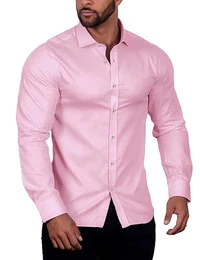 Herren Langarm Hemden Casual Regular Fit Bügelfrei Business Hemd Einfarbige Anzug Hemd Baumwollhemd Freizeithemden für Herren Hochzeit Hell-Pink M