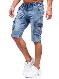 Herren Kurze Jeanshose Shorts Bermudas Jeans Short Kurze Hose Cargo Cargoshorts Destroyed Used Look Denim Stretch Freizeithose HY817 Blau L [7G7]