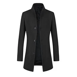 Wintermantel Herren Wollmantel Lang Slim Fit Herrenmantel mit Stehkragen Business Coat für Winter Schwarz M