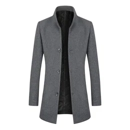 Wintermantel Herren Wollmantel Lang Slim Fit Herrenmantel mit Stehkragen Business Coat für Winter Verdickt Grau M