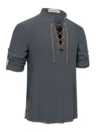 Herren Retro Schnürung Mittelalter Kostüm Hemden für Halloween Cosplay Wikinger Pirat Steampunk Vampir Renaissance Gothic Viktorianische Kleidung Dunkelgrau XL