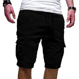 Kurze Herren Sommer Cargo Baumwolle Kurze Hose 3/4 Hose Herren Casual Einfarbig Cargohose Bermuda Short mit 6 Taschen Elastischer Bund Sporthose Fit Freizeithose Laufshorts Männer (Schwarz,M)