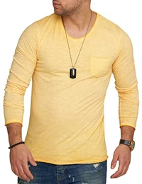 . Herren Langarm Shirt mit Brusttasche Longsleeve Langarmshirt T-Shirt V-Neck 3448-Gelb-M