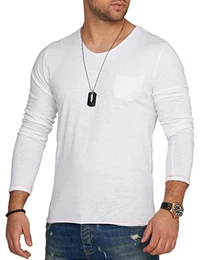 . Herren Langarm Shirt mit Brusttasche Longsleeve Langarmshirt T-Shirt V-Neck 3448-Weiß-L