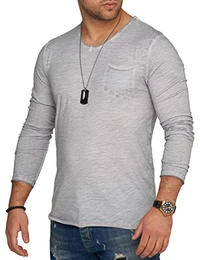 . Herren Langarm Shirt mit Brusttasche Longsleeve Langarmshirt T-Shirt V-Neck 3448-Hellgrau-L