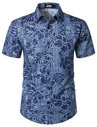 Herren Hawaii Hemd Männer Baumwolle Kurzarm Vintage Regular Fit Sommerhemd Marine Mittel