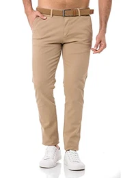 Herren Chino-Hose mit Gürtel Bequeme Freizeit- und Businesshose Sand W32 L32