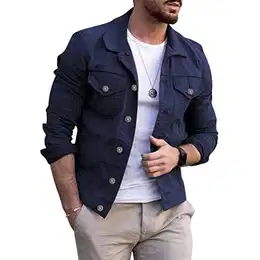 Herren Denim Hemdjacke mit Umschlagkragen Einfarbig Button Down Übergangsjacke Jeanshemd mit Pattentasche Freizeitjacke Vintage Biker Motorradjacken Basic Langarm Jeansjacke A Marineblau M