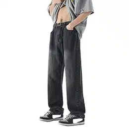 Herren Straight Fit Jeans Weites Bein Baggy Stretch Denim Männer Jeanshose Hosen Plain Vintage Casual Lang Streetwear Dunkelgrau