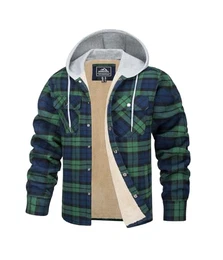 Herren Fleecejacke Fleecefutter Langarm Gefüttert Warm Hemden Winter Kapuzenjacke Hemdjacke mit Taschen (M, Grün)