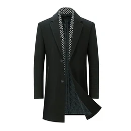 Herren Mantel Regular Dicker Winter Wollmantel Mittellänge Wolle Wintermantel Freizeit Business, Schwarz, XL