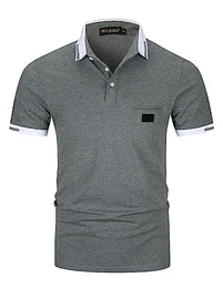 Herren Poloshirt aus reinem Baumwoll-Piqué Mode kariert Polohemd Basic Kurzarm,Grau 01,M