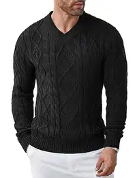 Herren Pullover Basic Warmer Pullover V-Ausschnitt Klassisch Slim Fit Smart Herren Strickpullover Schwarz M