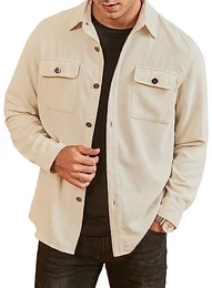 Herren Hemd Cord Langarm Freizeithemd Männer Jacke Regular Fit Button Up Hemdjacke Mit Klappentasche Aprikose, M
