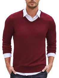 V Ausschnitt Herren Pullover Slim Fit Basic Pullover Herren Langarmshirt Strickpullover Sweater Fall Tops Rotwein L