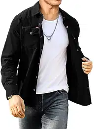 Cord Hemd Herren Hemdjacke Hemden Langarm Button Placke Langarm Regular Fit Casual Schwarz M