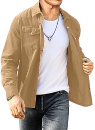 Cord Hemd Herren Hemdjacke Hemden Langarm Button Placke Langarm Regular Fit Casual Khaki M