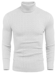 Rollkragen Pullover Herren Zopf Strickpullover Langarm Winter Pullover Casual Basic Pulli Weiß M