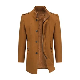 Herren Wolle Wintermantel mit Stehkragen Wollmantel Kurze Gefütterte Winterjacke für Männer Braun M