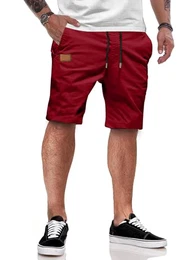 Shorts Herren Sommer Freizeit Chino Stretch Baumwolle Elastische Taille mit Taschen Rot M