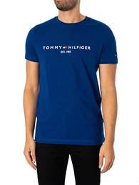 Herren T-Shirt Kurzarm Tommy Logo Rundhalsausschnitt, Blau (Anchor Blue), M