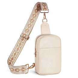 Damen Sling Bag Brusttasche PU Leder, Umhängetasche Klein Crossbody Damen Bag Wasserdicht Klein Schultertasche Tasche mit Breiter Gurt für Herren Einkaufen Reisen Wandern Radfahre, Beige