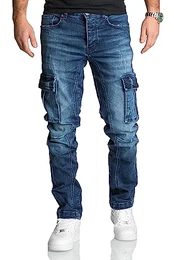 Herren Cargo Jeans Regular Slim Denim Hose Destroyed R7977 Dunkelblau W34/L34