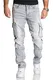 REPUBLIX Herren Cargo Jeans Regular Slim Denim Hose Destroyed R7977 Grau W32/L32