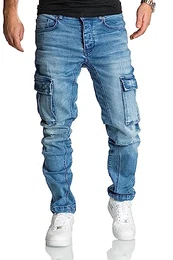 Herren Cargo Jeans Regular Slim Denim Hose Destroyed R7977 Hellblau W32/L32