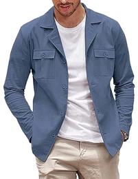 Lässige Herren-Hemdjacke, langärmelig, Button-Down-Overshirt, leichte Jacke mit Taschen, Blau, M