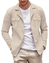 Lässige Herren-Hemdjacke, Baumwoll-Leinen, Shacket leicht, Arbeitsmantel, Button-Down-Overshirt, Hellkhaki, M